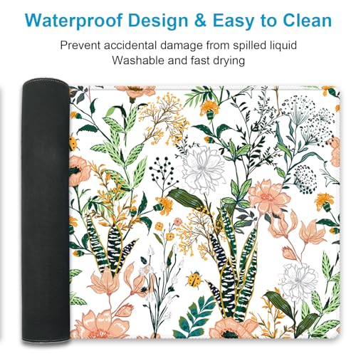 XXL Waterproof Office Desk Pad Protector 35.4x15.7 Inch - Extended Gaming Mouse Pad with Non-Slip Rubber Base, Thickened Keyboard Mat, Stitched Edges & Floral Flowers Design - color: Red