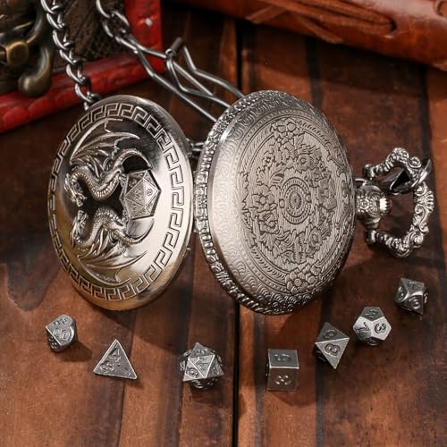 Mini DND Dice Set with Steampunk Double Dragon Pocket Watch Case, Tiny 7-Piece Polyhedral Metal D&D Dice, DND Gifts with Gift Box, Role Playing Game Board Game Accessories Dice, Dark Silver - color: Dark Silver