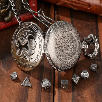 Mini DND Dice Set with Steampunk Double Dragon Pocket Watch Case, Tiny 7-Piece Polyhedral Metal D&D Dice, DND Gifts with Gift Box, Role Playing Game Board Game Accessories Dice, Dark Silver - color: Dark Silver