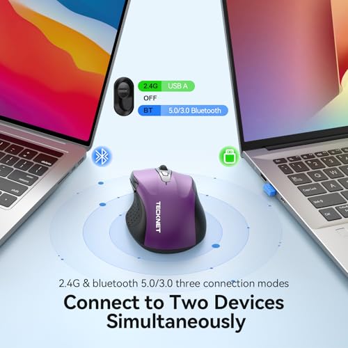 TECKNET Rechargeable Jiggler Wireless Mouse, Dual-Mode Connectivity, Purple | Silent USB A & Bluetooth Mouse, 6 Adjustable DPI, 6 Buttons, Ergonomic Design, Long Battery Life, Multi-Device Compatibility - color: Purple