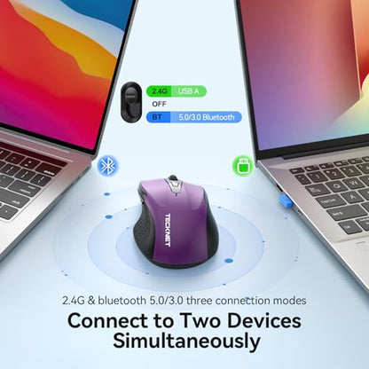 TECKNET Rechargeable Jiggler Wireless Mouse, Dual-Mode Connectivity, Purple | Silent USB A & Bluetooth Mouse, 6 Adjustable DPI, 6 Buttons, Ergonomic Design, Long Battery Life, Multi-Device Compatibility - color: Purple