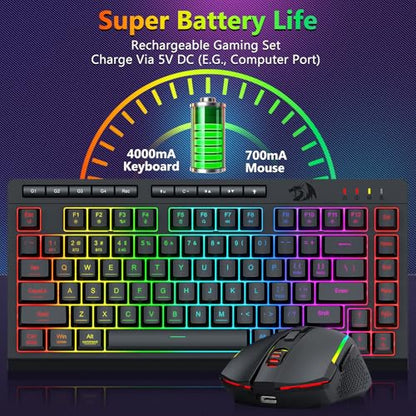 Redragon Wireless Gaming Keyboard and Mouse Combo, 75% Portable, Black | Bluetooth/2.4G/USB-C Wired, RGB Backlit, Quiet Rechargeable Macro Membrane Keyboard & 12800 DPI Mouse for Win/MAC - color: Gaming Combo