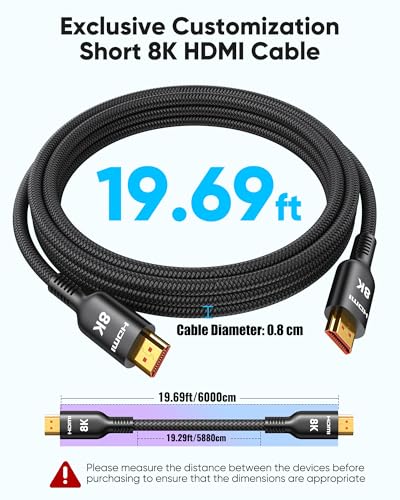 Highwings 긴 HDMI 케이블 6.1m(20피트), 10K 8K 울트라 HD 고속 2.1 HDMI 48Gbps | 브레이드 HDMI 코드-4K@120Hz 8K@60Hz, DTS:X, HDCP 2.2&2.3, eARC, HDR 10 DVD 플레이어/PS5/HDTV/블루레이와 호환 - size: 20피트