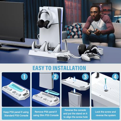 PS5 Slim Stand and Cooling Station with Controller Charging Station for Playsation 5 Slim&Standard Disc/Digital Console, PS5 Accessories Incl. Controller Charger/Turbo Fan/3 USB Hub/Headset Holder - color: WORK WITH PS5 Slim and PS5