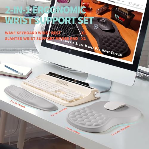 2-in-1 Ergonomic Set, Wave Rise Keyboard Wrist Rest and Massage Bulge Slope Mouse Pad Wrist Support, Cushion Memory Foam Integrated to Relieve Wrist Pain, Silver Gray - color: Silver Gray
