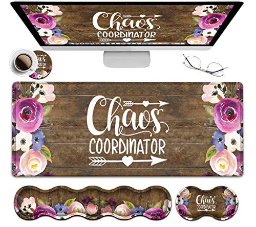Mouse Pad Set,Large Gaming Mouse Pad + Keyboard Wrist Rest Support + Mouse Wrist Rest,31.5 x 11.8 in Extended Desk Mat for Office,Chaos Coordinator Quotes Vintage Watercolor Flora Desktop Decoration - color: JV-mouse pad-8-5