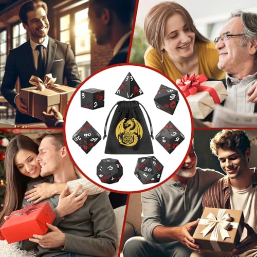 Metal Dice Set, Flat Face Red Plum Blossom Pattern, 7pcs Polyhedral Metal DND Dice Set, DND Starter Set, D&D Gifts with Gift Bag, Role Playing Board Games Accessories, Black - color: Black With Gift Bag