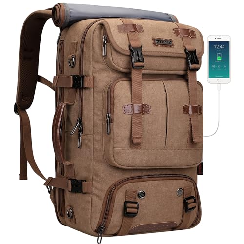 WITZMAN Travel Backpack for Men 40L Large Carry-on Airline Approved | Canvas 3 in 1 Duffle Luggage Bag Fits 16“ Laptop, Shoe Compartment, For Weekend Getaway, Overnight Trip - color: Brown
