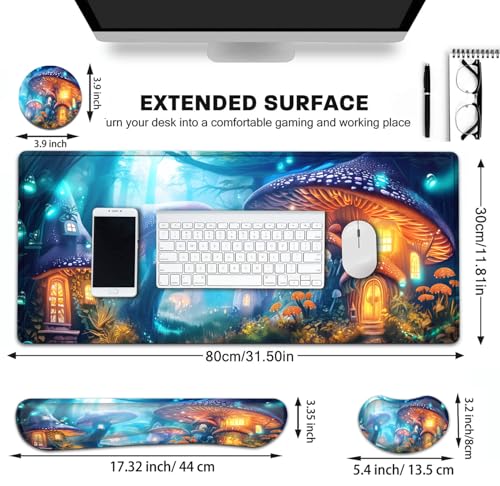 Large Gaming Mouse Pad+ Keyboard Wrist Rest Set, Ergonomics Memory Foam Mouse Mat Wrist Rest Support for Home Office, Waterproof Extended Mousepad 31.5x11.8in, Magic Mushroom Castle Desk Pad - color: Yvb-mousepad-9-f-154