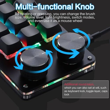 Koolertron Macro Programmable Keypad, One Handed Programmable Mechanical Keyboard, RGB Blue Switch Hot Swappable, 12 Keys 2 Knob Backlit Keypad for Working and Gaming, Black - size: 12-key (2 Knob)