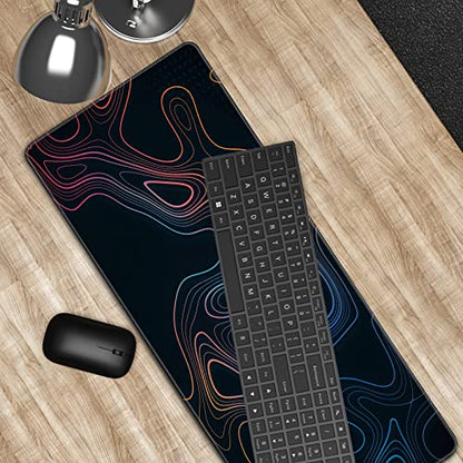 Topographic Contour Map XL Mouse Pad 31.5 x 11.8 Inch Gaming Mousepad Extended Large Mousepad with Nonslip Rubber Base Stitched Edges Laptop Desk Pad Home Office Supplies - color: Black Topographic 3