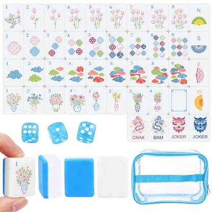 166 American Mahjong Tile Set, 1.2" Mini Blue 3D Engraved Melamine Mahjong Tiles with Storage Bag & Dice, Travel Game for Adults, Friend & Family Game Night, Gifts for Mah-jongg Lovers - color: Blue