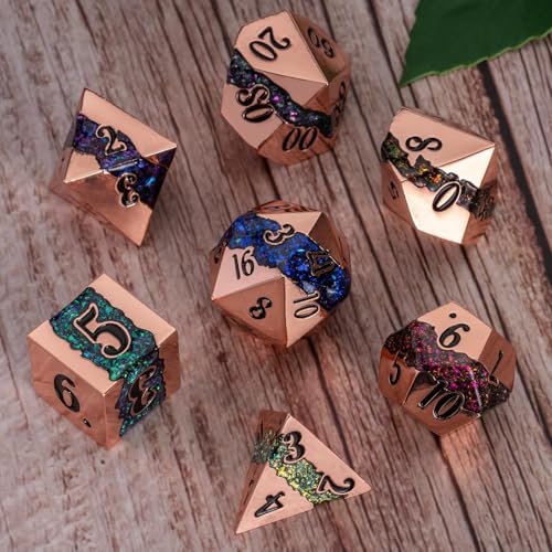 Metal Polyhedral Dice Set, 7PCS RPG Dice with Galaxy Glitter Resin Inlay for Dungeons and Dragons, Pathfinder Tabletop Role Playing Games - color: Seven Colors of Red Copper