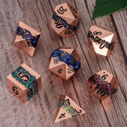 Metal Polyhedral Dice Set, 7PCS RPG Dice with Galaxy Glitter Resin Inlay for Dungeons and Dragons, Pathfinder Tabletop Role Playing Games - color: Seven Colors of Red Copper