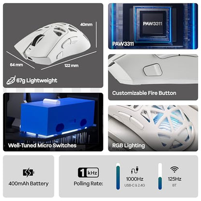 MechLands Aula SC620 Gaming Mouse, 2.4G/USB-C/BT Wireless Mouse with 400mAh Battery, Adjustable 12,000 DPI & 1000 Polling Rate, PAW3311 Sensor, RGB Lighting, Programmable Buttons, for Win/Mac (White) - color: White