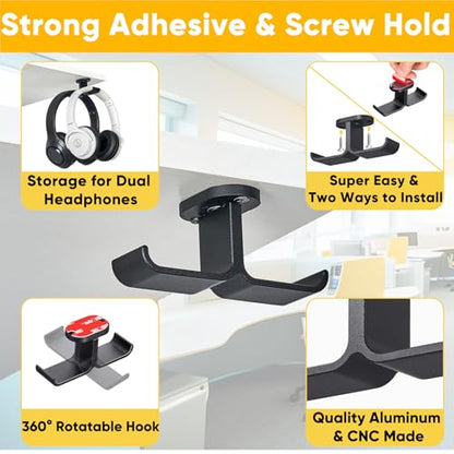 Under Desk Headphone Hanger with Strong Adhesive and Screws Mount, 360° Rotatable Dual Headset Holder Stand, Aluminum Metal Adjustable Headphone Hook, Perfect for Home Gaming & Office - Black - size: Black - 2 Headphones, Metal