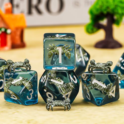 DND Resin Crab Dice Set, Red D&D Polyhedral Dice for Dungeons and Dragons RPG, MTG Role Playing Games D and D Dice 7pc D20 D12 D10 D8 D6 D4 for Ages 15 and Up - color: Green Crab