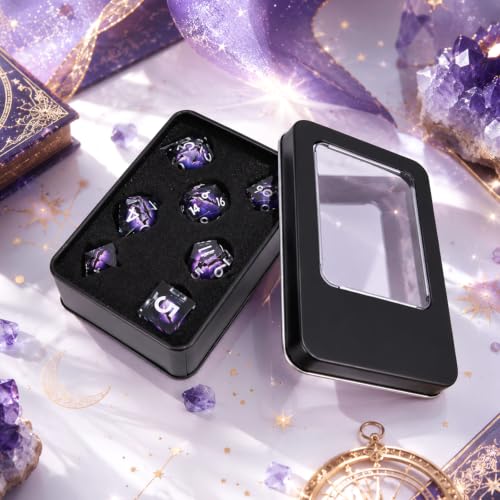 Metal Dice Set for DND - 7pcs with Gift Box, Perfect D&D Gift (Black-Purple) - color: Black-purple