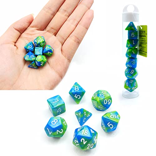 Bescon Mini Gemini Two Tone Polyhedral RPG Dice Set 10MM, Small Mini RPG Role Playing Game Dice Set D4-D20 in Tube, Aquamarine - color: Aquamarine