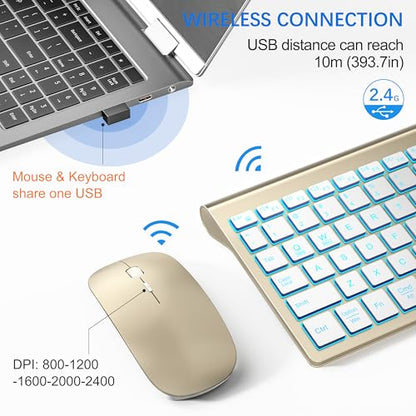 Wireless Backlit Keyboard and Mouse Ultra Slim Combo, TopMate 2.4G Silent Compact 2400DPI Mouse and Scissor Switch Keyboard Set, Batteries Included, for PC/Laptop/Windows/Mac/Gaming - BL Gold White - color: BL Gold White