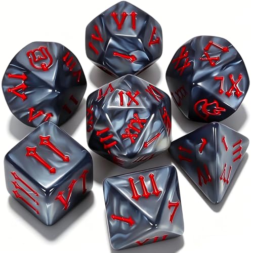 CiaraQ 7pcs Polyhedral Dice Set for Dungeon and Dragons MTG Table Games | Acrylic Role Playing Dice for D&D with Black Velvet Bag – Gray Pearl with Red Roman Numerals – Standard Size – Ages 14+ - color: Gray Pearl Finish With Red Roman Numerals