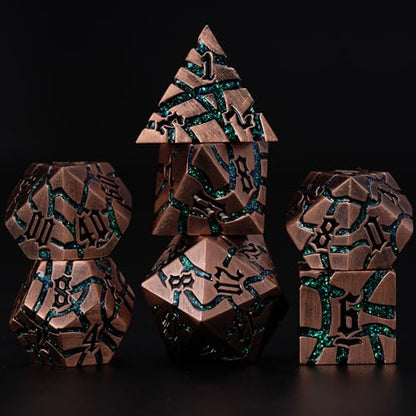 Cracked Rune Metal Dice Set for DND & RPG – Dark Fantasy Fractured Design, Premium Heavy Metal Polyhedral Dice with Deep Engraved Numbers, 7-Piece Set – Green Mystic Vein - color: Antique Copper Green