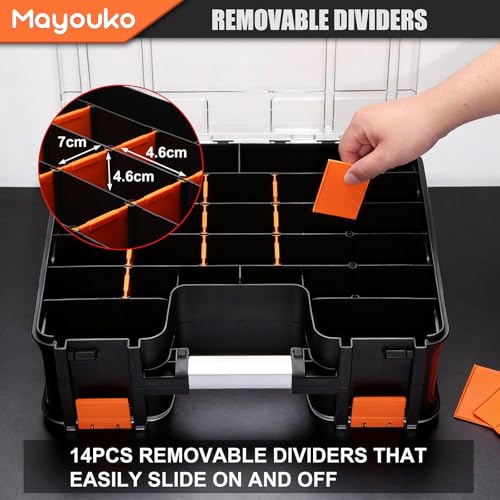 Mayouko Double Side Tool Box with Transparent Lid, 8 Movable Small Trays & Removable Dividers, Multi-Function Small Parts Organizer, for Hardware, Screws, Bricks, Nails, Jewelry and Fishing Tackle - size: 15.16"L x 12.8"W x 6.3"H