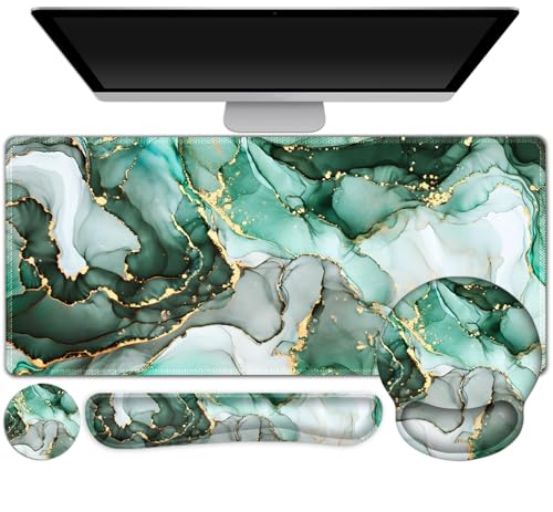 Gaming Mouse Pad, Large Desk Mat, Cute Desk Pad Protector 4in1 XXL Mousepad | Keyboard Wrist Rest+Mouse Wrist Rest+Coaster Set with Ergonomic Desk Pad for Home Office PC Computer, Green Marble - color: Green Marble