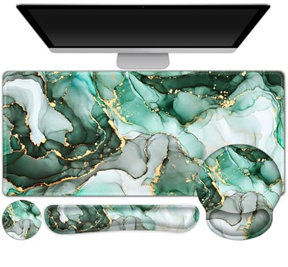 Gaming Mouse Pad, Large Desk Mat, Cute Desk Pad Protector 4in1 XXL Mousepad | Keyboard Wrist Rest+Mouse Wrist Rest+Coaster Set with Ergonomic Desk Pad for Home Office PC Computer, Green Marble - color: Green Marble