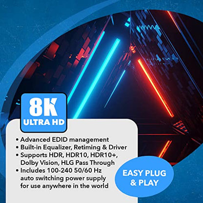 OREI 8K HDMI Splitter 1 X 2, Duplicate with Audio Extractor UltraHD Supports Upto 4K @ 120Hz IR EDID HDCP 2.3 - (BK-102A) (1x2 - Audio Out) | OREI 8K HDMI Splitter 1x2, Duplicate with Audio Extractor (1x2 - Audio Out) - Up to 4K@120Hz, IR, EDID, HDCP 2.3