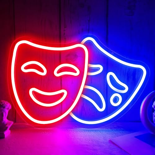 Theater Mask Neon Sign Comedy And Tragedy Masks Led Sign Comedy Mask Neon Lights Movie Theater Wall Decor Drama Mask Light Up Sign for Home Theater Accessories - color: Red+Blue