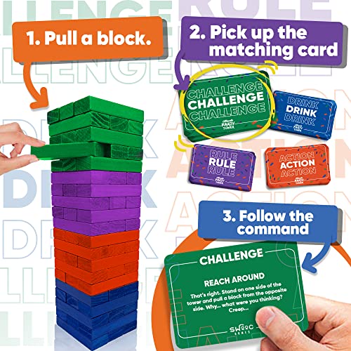 SWOOC Games - Ultimate Party Tower™ - 100 Original Commands, 60 Blocks, & 1000s of Hilarious Rule Combinations - A Tipsy Spin on Fun Classic Games for Power Hour - Ages 21+ - Wooden Tower Blocks Game