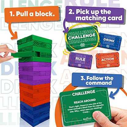 SWOOC Games - Ultimate Party Tower™ - 100 Original Commands, 60 Blocks, & 1000s of Hilarious Rule Combinations - A Tipsy Spin on Fun Classic Games for Power Hour - Ages 21+ - Wooden Tower Blocks Game