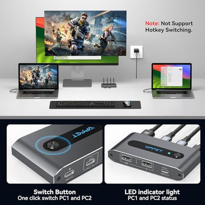 USB C KVM Switch 1 Monitors 2 Laptop 4K@60Hz HDMI KVM Switch 2 Port Share 1 Monitor Keyboard Mouse Hard Drives Printer Support 100W Charging for Laptop