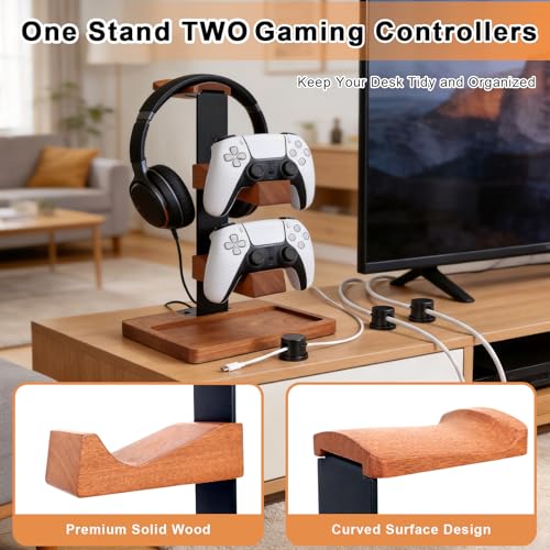Headset Stand with Dual Controller Holder, Solid Wood Headphone Stand with Storage Base, Gaming Equipment Accessories for Desk, Controller Holder for Gamers