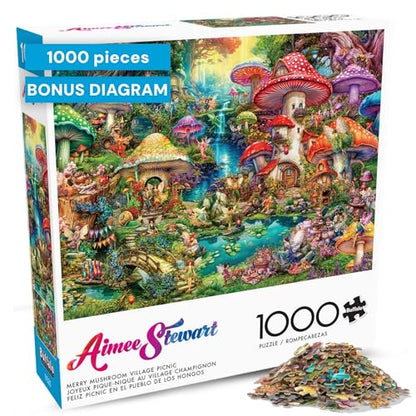 Buffalo Games - 1000 Piece Jigsaw Puzzle Aimee Stewart Merry Mushroom Village Picnic, Made in USA, Premium Recycled Board, Full-Color Poster, Giftable - color: Merry Mushroom Village Picnic