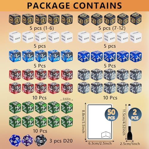 115-Piece MTG Dice Set with Dry Erase Tokens Kit Includes 63 Counters and 50 Tokens for MTG, TCG Cards Game Accessories with 2 Markers 2 Cloths