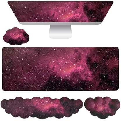 Cloud Mouse Pad Keyboard Wrist Rest 4PCS Extended Large Galaxy Desk Mat Pad Set Memory Foam Non-Slip Cute Ergonomic Gaming Mouse Pad Wrist Support for Computer Laptop Home Office Black Pink - color: 4pcs Black Pink