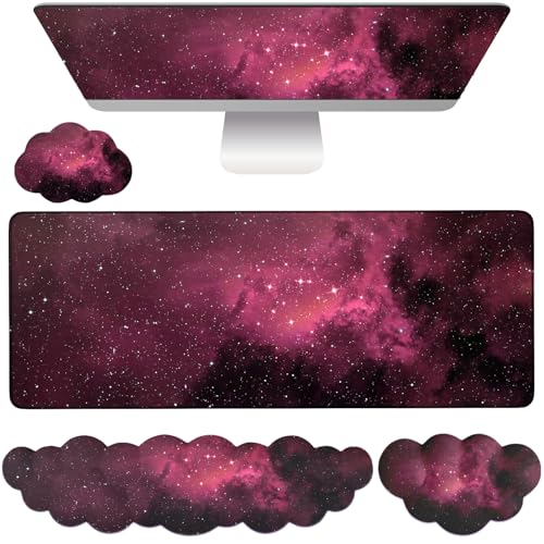 Cloud Mouse Pad Keyboard Wrist Rest 4PCS Extended Large Galaxy Desk Mat Pad Set Memory Foam Non-Slip Cute Ergonomic Gaming Mouse Pad Wrist Support for Computer Laptop Home Office Black Pink - color: 4pcs Black Pink