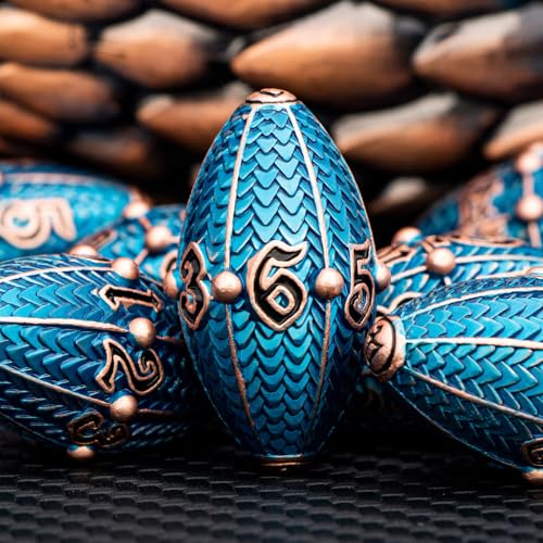 ARUOHHA DND Metal Dice Copper Blue Dragon Egg Dice with Rotating Dragon Egg Shell, Role Playing Game RPG Polyhedral D and D Dice Set D20 D12 D10 D8 D6 D4 - color: Copper Blue