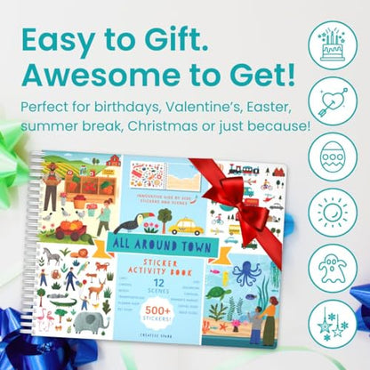 All Around Town 500+ Kids Sticker Book by Cupkin Fun Toddler Travel Activity Coloring and Sticker Book, Road Trip Essentials, 12 Coloring Pages 12 Side by Side Scenes for Ages 2–8 Years - color: All Around Town