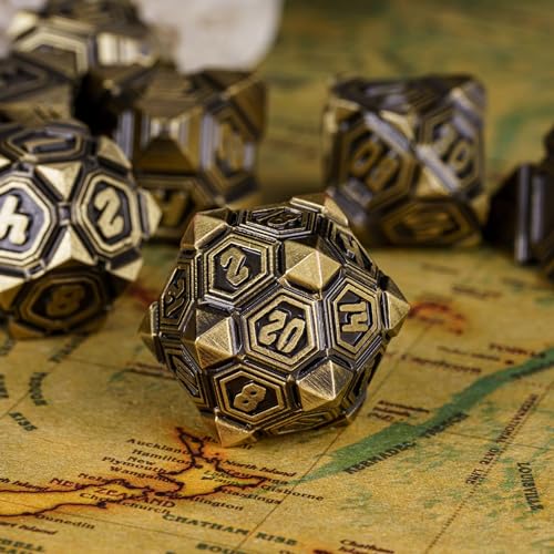 Metal UFO Dice Set, 7 Die Metal Polyhedral Dice Set for DND Dungeons and Dragons Role Playing Games,with Skull Bag.(Ancient Bronze) - color: Ancient Bronze