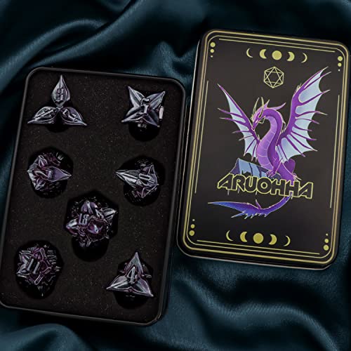 ARUOHHA DND Metal Dice Set Purple Leaf Design Polyhedral Dice with Box, 7PCS D and D Dice RPG Role Playing Games D20 D12 D10 D8 D6 - color: Blue Purple