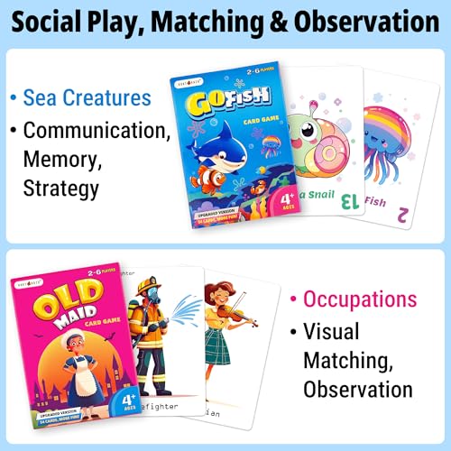 Upgraded Kids Card Games Pack, 6 Decks, Go Fish, Old Maid, Crazy Eights, Memory Match, Slap Jack, War, Playing Cards, Easter Basket Stuffers, Stocking Stuffers | Go Fish, Old Maid, Crazy Eights, Memory Match, Slap Jack, War. For family nights, travel, sto