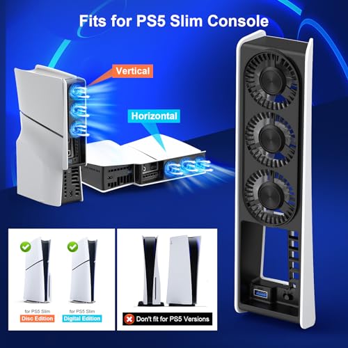 Cooling Fan for PS5 Slim Console, Auto Power On/Off Cooler Fan Accessorie with 2 Speed Fans USB 3.0 Port for PlayStation 5 Slim Digital & Discs Edition(Not for PS5/PS5 Pro)