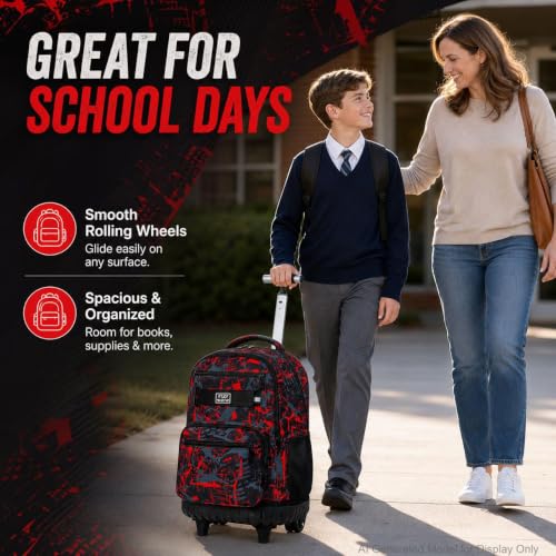 3Pcs Rolling Backpack for Boys Men, Travel Wheeled Backpacks for Adults, Teens College Roller Bookbag with Wheels for Men(Red) - color: Airbrush Red