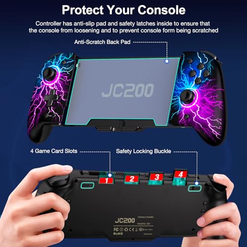 Spican Switch Controllers for Nintendo Switch/Switch OLED, Hall Effect Switch Wireless Pro Controller One-Piece Joypad, Full-Size Handheld Mode Controller with 17 RGB Light/Battery/Turbo/Macro/4 Game Slot - color: Black-Lightning Pattern, size: 6.2"/7"