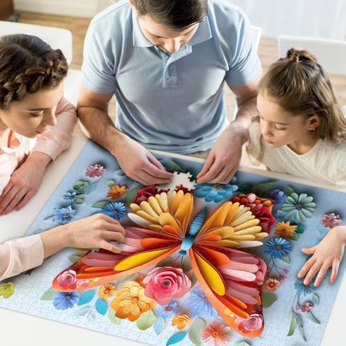 1000 Piece Puzzle for Adults Butterfly Noctilucous Jigsaw Puzzles - Challenging 3D Puzzles Stunning Flower Art Wall Decor, Gift for Adult Puzzle Lovers (27.5x19.6 Inch)