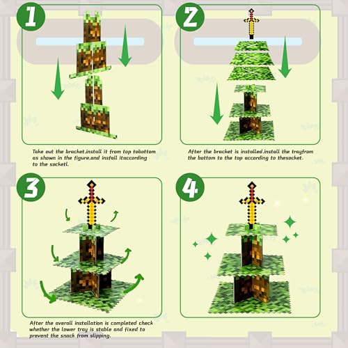 Pixel Block Cupcake Stand 3 Tier - Retro Gaming & Anime Cake Topper Holder for Birthday Party Decorations, Baby Shower Supplies, Pixel Art Centerpiece (2pc)
