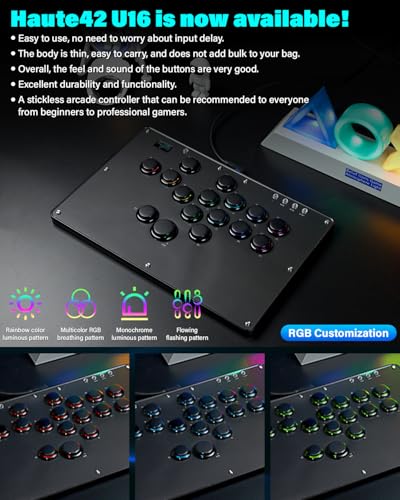 JZW-Shop Haute42 Arcade Stick U16, All-Button Arcade Controller for Switch, PC, PS4, PS3, Steam Deck, Arcade Fight Stick with Turbo & Custom RGB, Supports Hot-Swap & SOCD (U16)